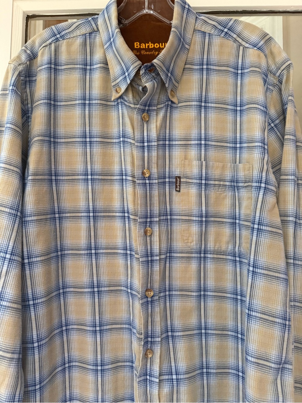 Barbour Men’s Blue & Cream Plaid flannel Button-Down Shirt w/ corduroy contrast